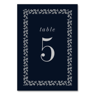Navy Blue Silver Glitter Botanical Frame Table Number