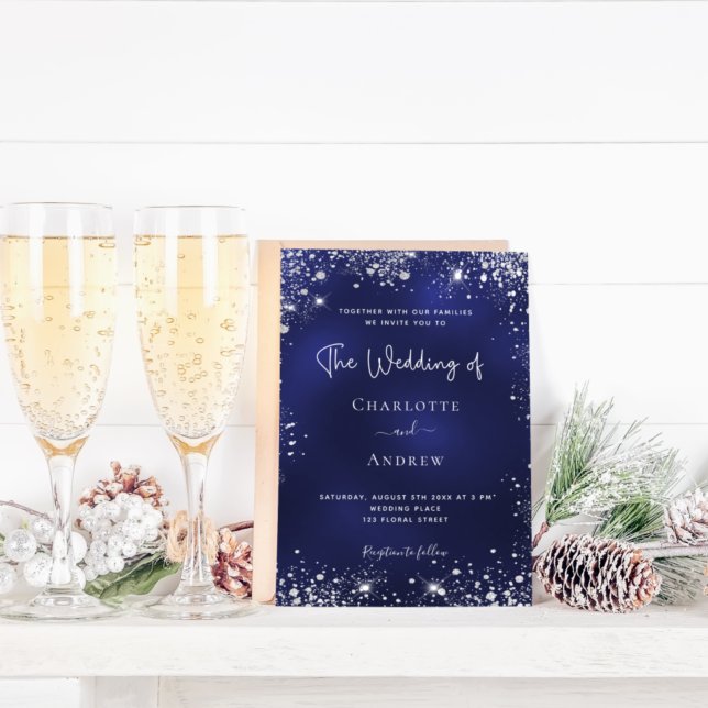 Navy blue silver glitter budget wedding invitation flyer (Creator Uploaded)