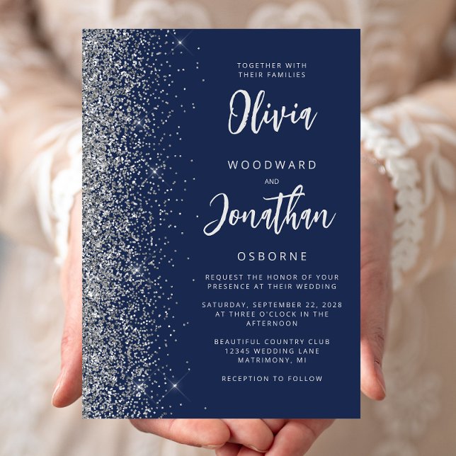 Navy Blue Silver Glitter Calligraphy Wedding Invitation (Creator Uploaded)