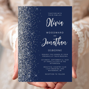 Navy Blue Silver Glitter Calligraphy Wedding Invitation