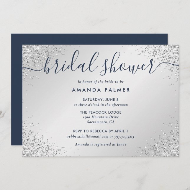 Navy Blue Silver Glitter Confetti Bridal Shower Invitation (Front/Back)