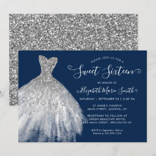 Navy Blue Silver Glitter Dress Sweet 16 Birthday Invitation