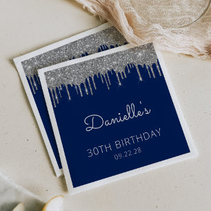 Navy Blue Silver Glitter Drip 30th Birthday Party Napkin