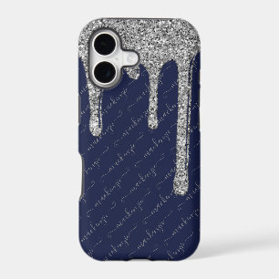 Navy Blue Silver Glitter Drips Handwritten Name