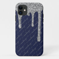 Navy Blue Silver Glitter Drips Handwritten Name