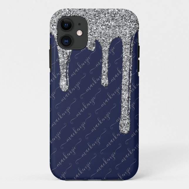 Navy Blue Silver Glitter Drips Handwritten Name Case-Mate iPhone Case (Back)
