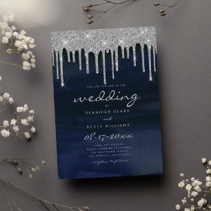 Navy blue silver glitter drips script wedding invitation