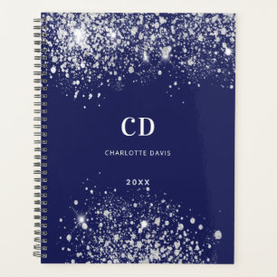 Navy blue silver glitter dust monogram name planner