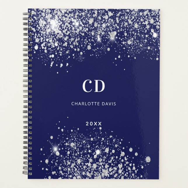 Navy blue silver glitter dust monogram name planner (Front)
