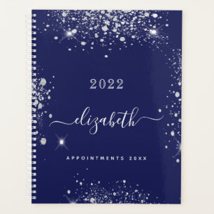Navy blue silver glitter dust monogram script 2024 planner