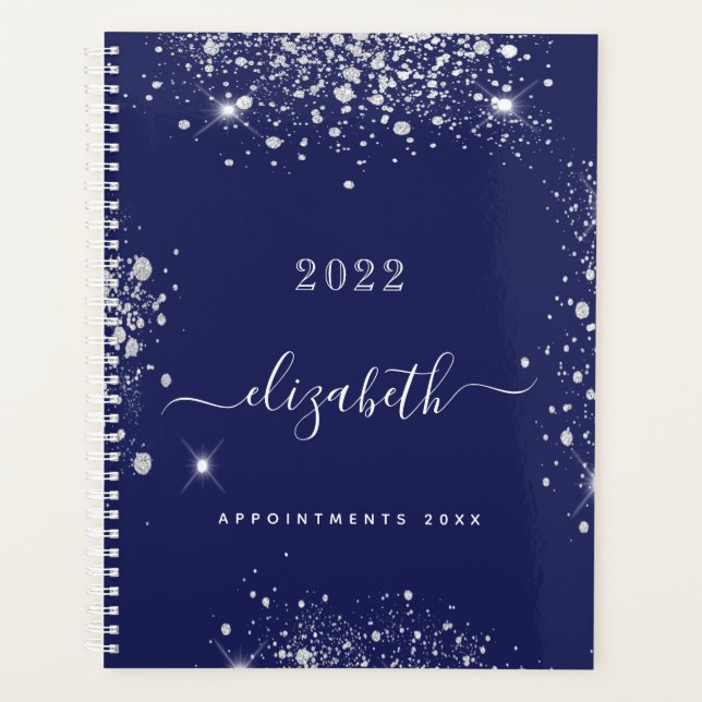 Navy blue silver glitter dust monogram script 2024 planner (Front)