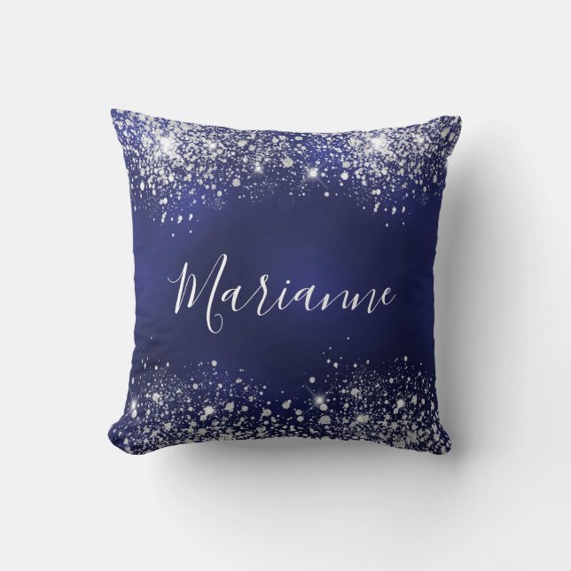 Navy blue silver glitter dust name script cushion (Front)