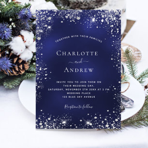 Navy blue silver glitter dust wedding invitation