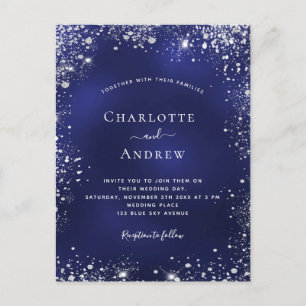 Navy blue silver glitter dust wedding invitation postcard