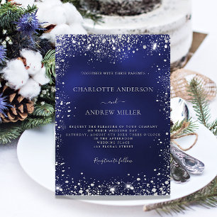Navy blue silver glitter elegant wedding invitation