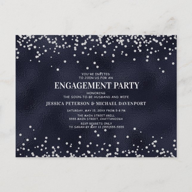 Navy Blue Silver Glitter Engagement Party Postcard (Front)