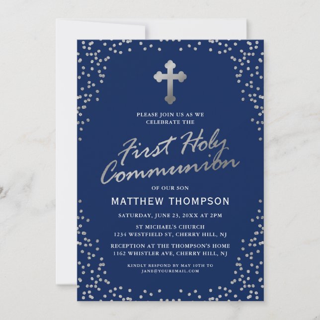 Navy Blue Silver Glitter First Holy Communion Invitation (Front)