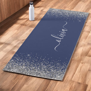 Navy Blue Silver Glitter Girly Monogram Fitness Yoga Mat