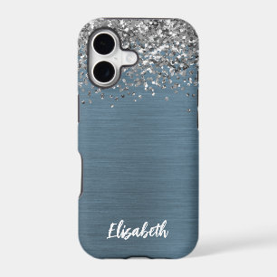 Navy Blue Silver Glitter Girly Monogram Name
