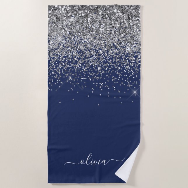 Navy Blue Silver Glitter Girly Monogram Name Beach Towel (Front)
