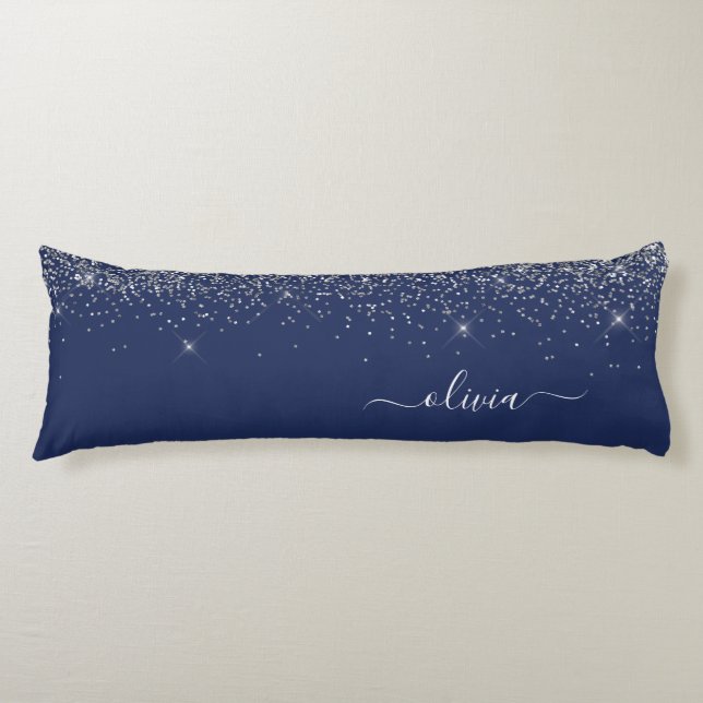 Navy Blue Silver Glitter Girly Monogram Name Body Cushion (Front)