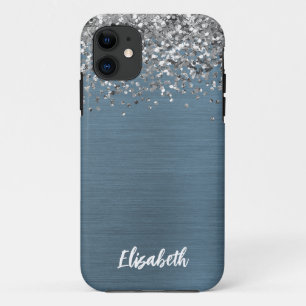 Navy Blue Silver Glitter Girly Monogram Name iPhone 11 Case