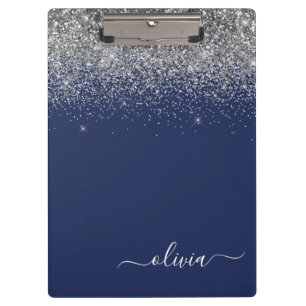 Navy Blue Silver Glitter Girly Monogram Name Clipboard