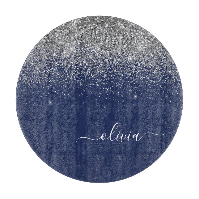 Navy Blue Silver Glitter Girly Monogram Name Cutting Board (Front)