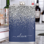 Navy Blue Silver Glitter Girly Monogram Name Hip Flask<br><div class="desc">Silver and Navy Blue Sparkle Glitter Brushed Metal Monogram Name and Initial Party Flask. This makes the perfect sweet 16 birthday,  wedding,  bridal shower,  anniversary,  baby shower or bachelorette party gift for someone that loves glam luxury and chic styles.</div>