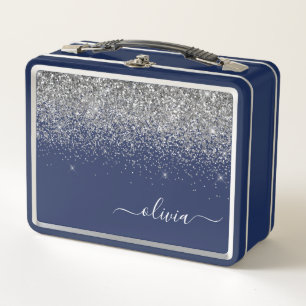 Navy Blue Silver Glitter Girly Monogram Name Metal Lunch Box