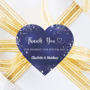 Navy blue silver glitter heart thank you wedding heart sticker