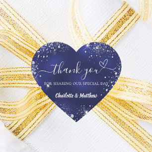 Navy blue silver glitter heart thank you wedding heart sticker