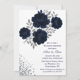 Navy Blue & Silver Glitter Leaves Wedding Shower Invitation