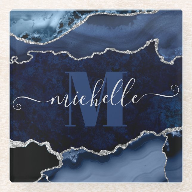 Navy Blue & Silver Glitter Marble Agate Monogram Glass Coaster (Front)