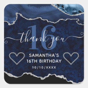 Navy Blue & Silver Glitter Marble Agate Sweet 16 Square Sticker