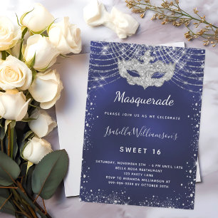 Navy blue silver glitter Masquerade Sweet 16 Invitation