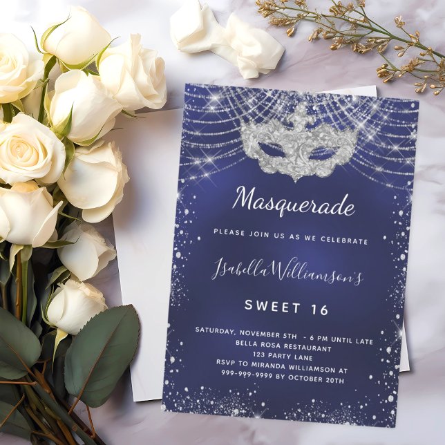 Navy blue silver glitter Masquerade Sweet 16 Invitation (Creator Uploaded)
