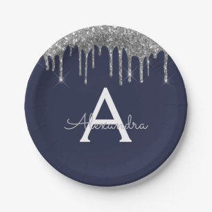 Navy Blue Silver Glitter Monogram Birthday Paper Plate