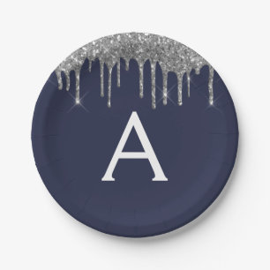 Navy Blue Silver Glitter Monogram Birthday Paper Plate
