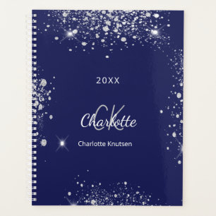 Navy blue silver glitter monogram script planner
