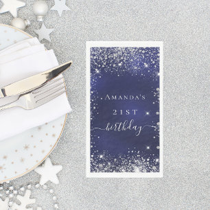 Navy blue silver glitter name birthday party napkin