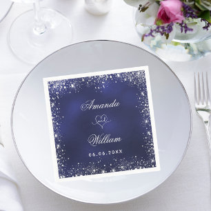 Navy blue silver glitter names heart wedding napkin