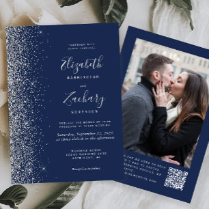 Navy Blue Silver Glitter Photo QR Code Wedding Invitation