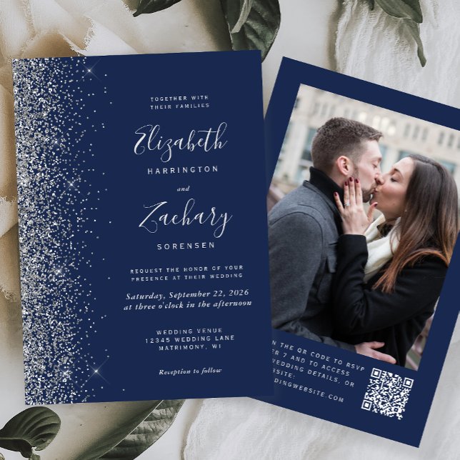 Navy Blue Silver Glitter Photo QR Code Wedding Invitation (Creator Uploaded)