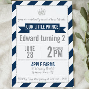 Navy Blue Silver Glitter Prince Birthday Invite