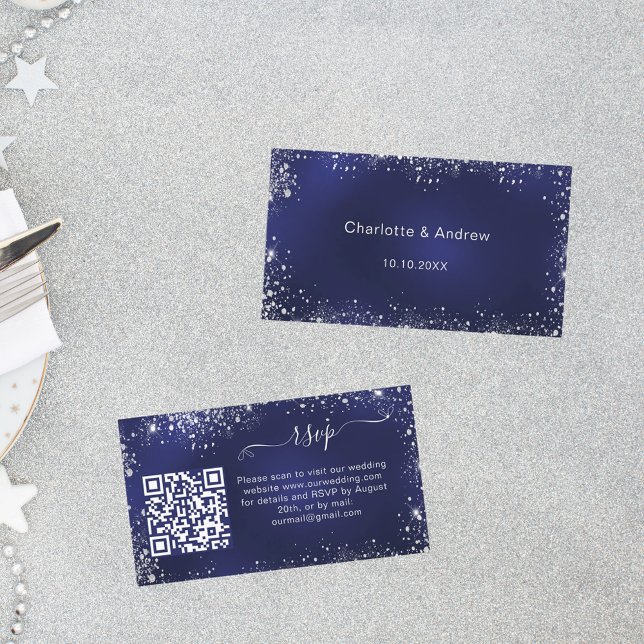 Navy blue silver glitter QR code RSVP Enclosure Card (Creator Uploaded)