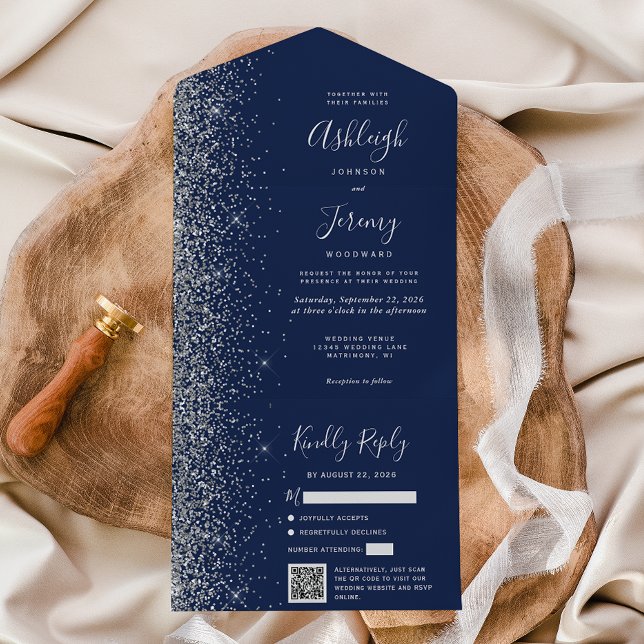 Navy Blue Silver Glitter QR Code Wedding All In One Invitation (Creator Uploaded)