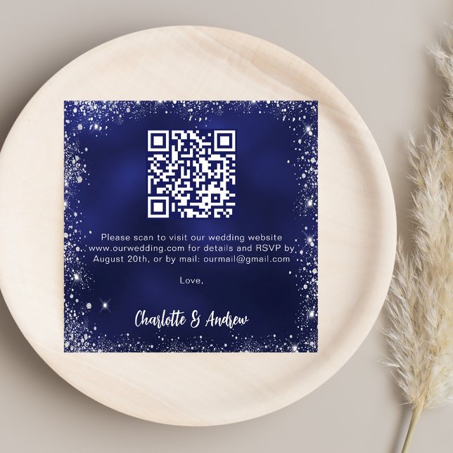 Navy blue silver glitter QR code wedding RSVP Enclosure Card (Creator Uploaded)