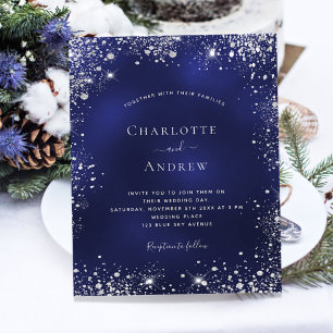 Navy blue silver glitter QR wedding invitation