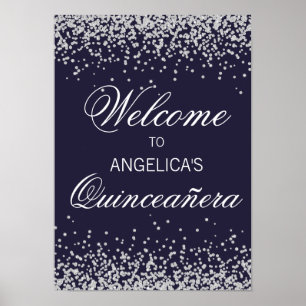 Navy Blue Silver Glitter Quinceañera Welcome Poster